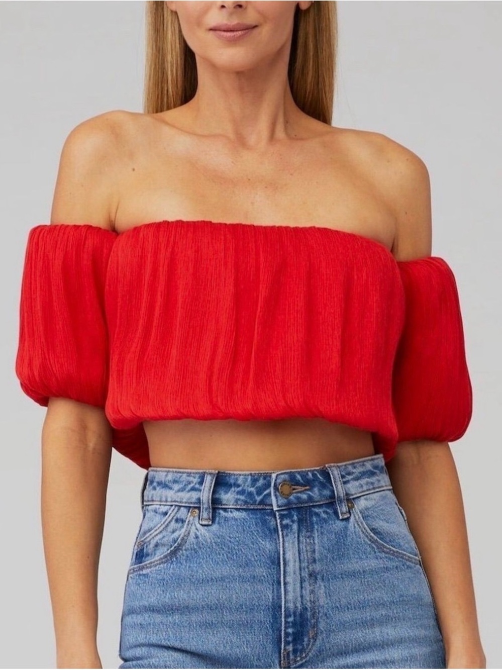 Line & Dot Audrey Red Shimmer Off Shoulder Balloon Sleeve Crop Top L